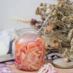 Oignons Doux Vinaigrés (Vegan, Sans Gluten) Une recette super simple et super rapide qui vous permettra de sublimer vos salades, sandwichs, tacos et tout autre préparation, ça vous dit ? Je vous propose de découvrir cette recette d’oignons vinaigrés. Vous vous rappelez de la recette de petits légumes au vinaigre ? Je suis partie de la même base, mais comme je voulais une préparation plus douce, j’ai mis un peu moins de vinaigre blanc, et j’ai ajouté du vinaigre de cidre, que je trouve plus parfumé et moins fort ! Bon, et j’ai mis du sirop d’érable, plutôt que du sucre, parce que … j’aime le sirop d’érable ..; Faut-il une autre raison ? En tout cas, ces petits oignons se marient parfaitement dans une salade de saison (quinoa, cranberries ou lentilles et carottes rôties par exemple) ou dans des petits tacos végé :) Prep : 5min 120g d’oignon doux (blanc ou rouge) (soit un bel oignon) 120ml d’eau 60ml de vinaigre d’alcool 60ml de vinaigre de cidre 2 c-à-c de sirop d’érable 1,5 c-à-c de sel Emincer les oignons en lamelles (plus ou moins suivant que vous les aimiez plutôt tendres ou croquants). Les mettre dans un bocal de 300ml. Dans une casserole, porter à ébullition tous les autres ingrédients. Éteindre le feu dès que le mélange commence à bouillir et verser immédiatement dans le pot. Laisser refroidir avant de fermer le pot. Vous pouvez les manger très rapidement (après une demi-heure de repos), ou les conserver 4-5 jours au frigo.