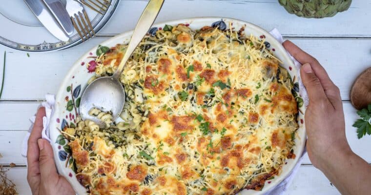 Gratin de Pâtes Végétarien aux 3 Fromages, Artichauts et Épinards