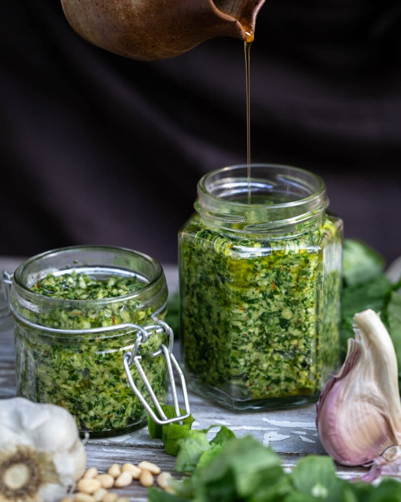 Voici une recette de pesto aux fanes de radis avec du parmesan végétal ! Une version zéro déchet et vegane de ce grand classique !