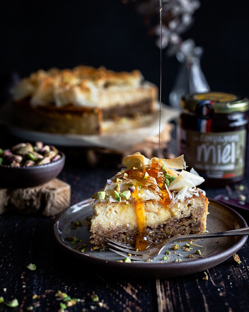 Un cheesecake ultra sexy délicatement parfumé au miel de châtaignier... Dégustez trois textures en une seule bouchée : un baklava en guise de biscuit, un appareil fondant au miel et un croustillant composé de feuilles de briques et de pistaches.