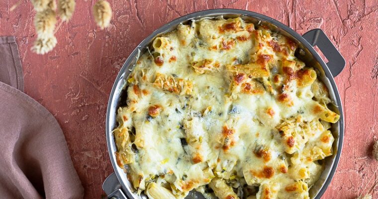 Gratin de Pâtes Poireaux et Cheddar
