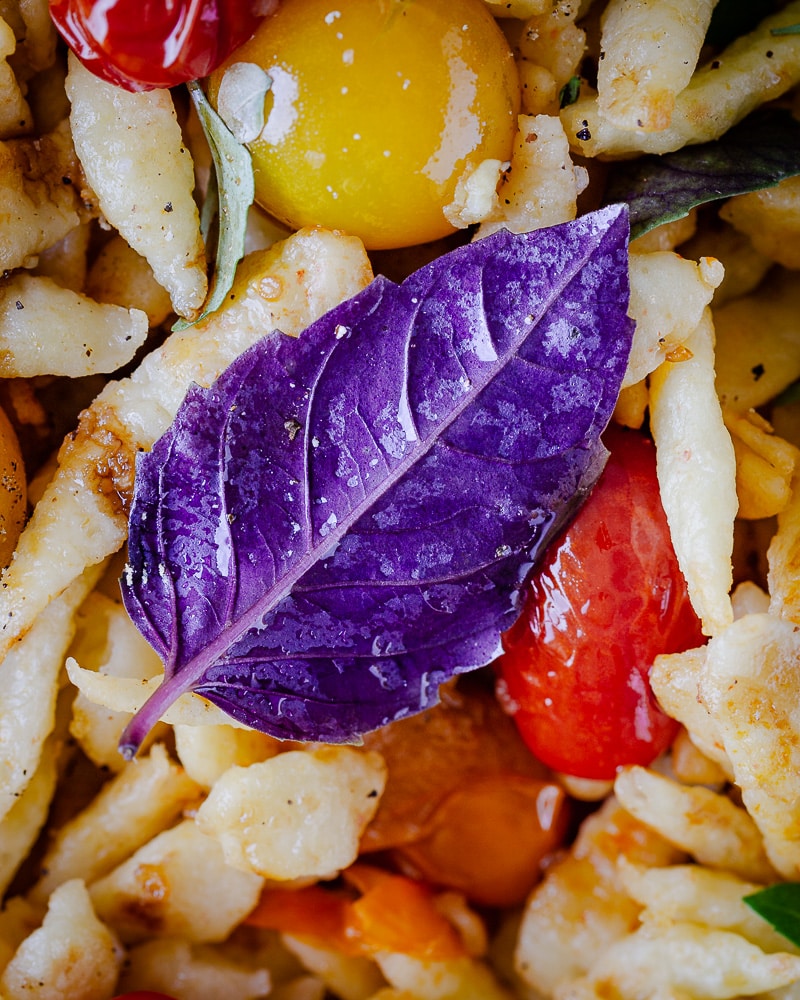 Gros coup de cœur pour cette recette de spaetzle aux tomates cerises ail et burrata ! Les spaetzle sont fondants et croustillants ! Un régal