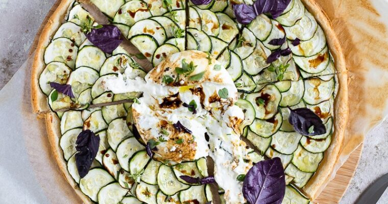 Thin zucchini and burrata tart
