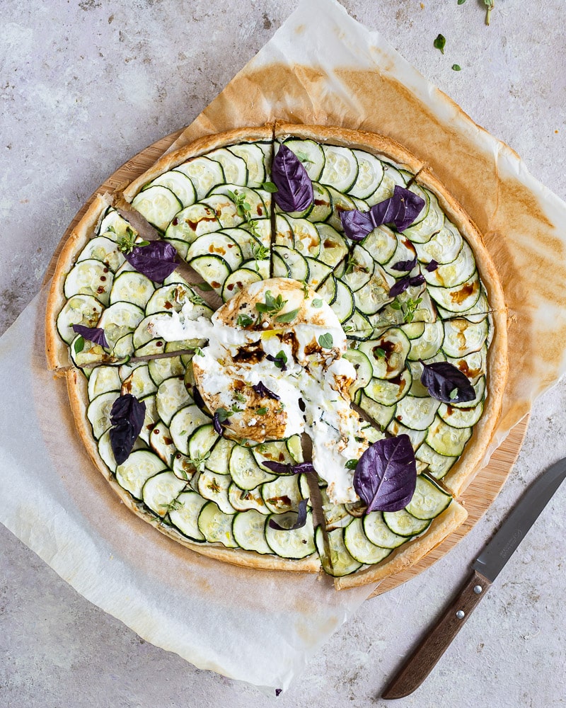 Thin zucchini and burrata tart