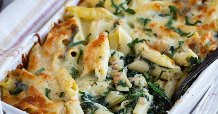 Gratin de pâtes épinards mozzarella et parmesan