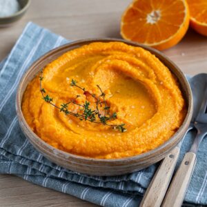 Une purée douce aux carottes, haricots blancs et orange avec un ingrédient surprise ! Recette végétarienne facile, rapide et pleine de peps.
