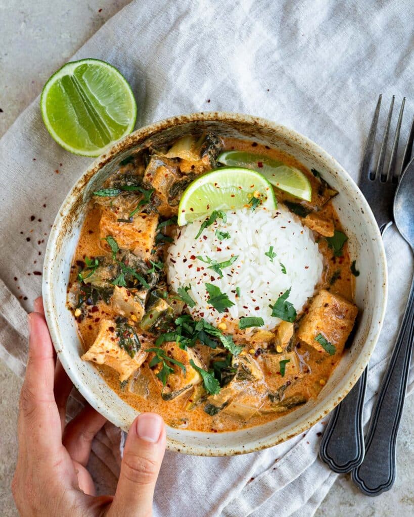 Craquez pour ce tofu et blettes au curry jaune : une recette végétarienne facile, crémeuse et parfumée, parfaite pour un repas sain et dépaysant.